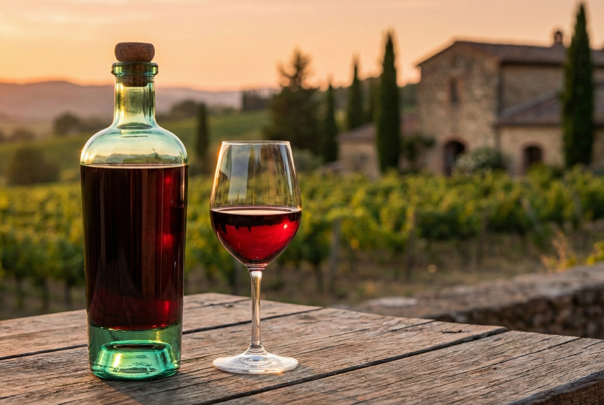 Eine dekorative Glasflasche und ein Rotweinglas stehen auf einem Holztisch. Im Hintergrund ist eine mediterane Landschaft im Sonnenuntergang zu sehen.