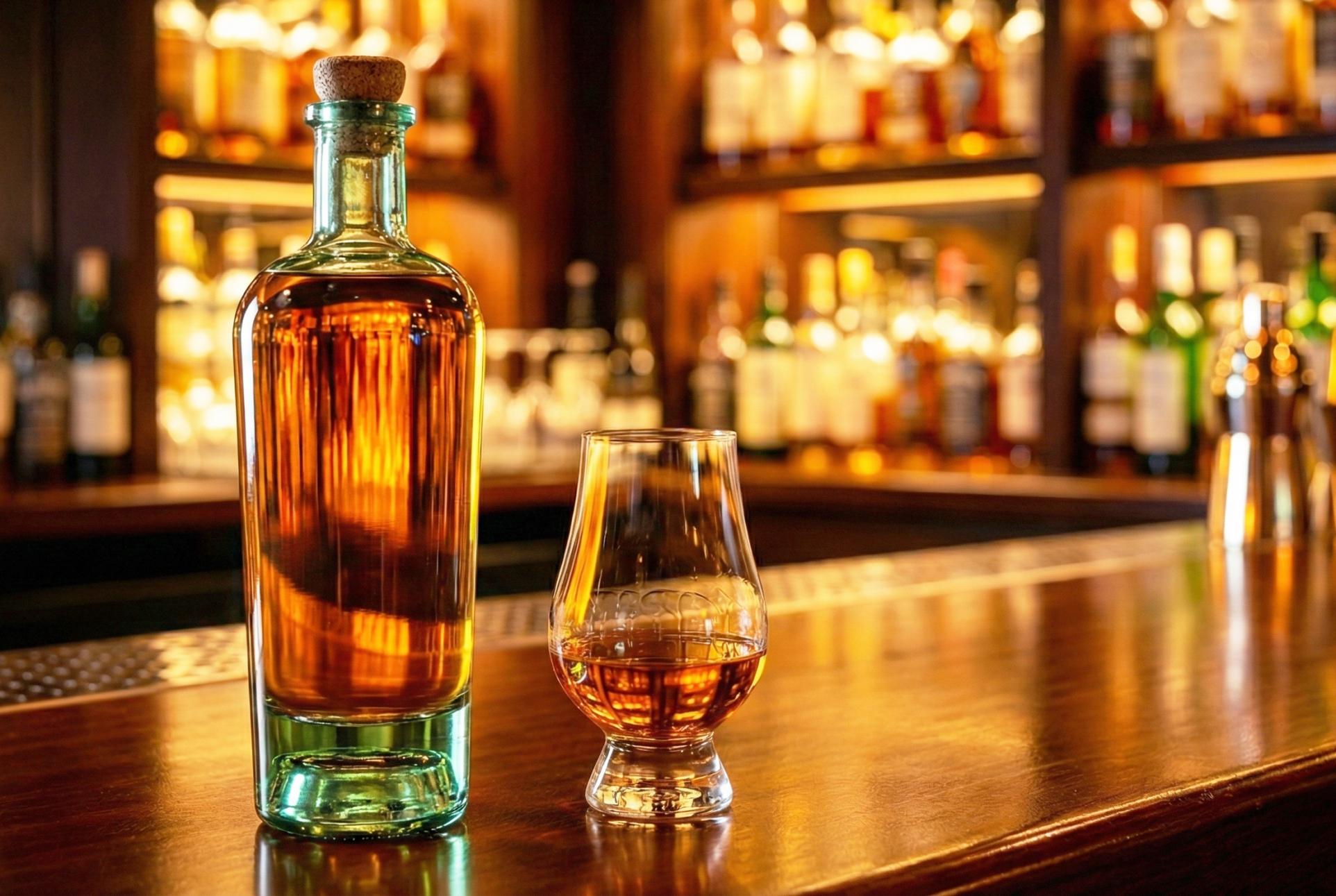 Eine Decorative Glasflasche mit Whiskey-Glas steht auf dem Tresen einer luxuriösen Bar