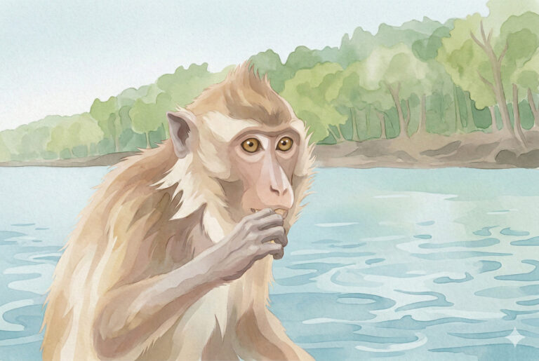 Illustration eines Affen auf einem Boot der sich etwas in den Mund steckt.