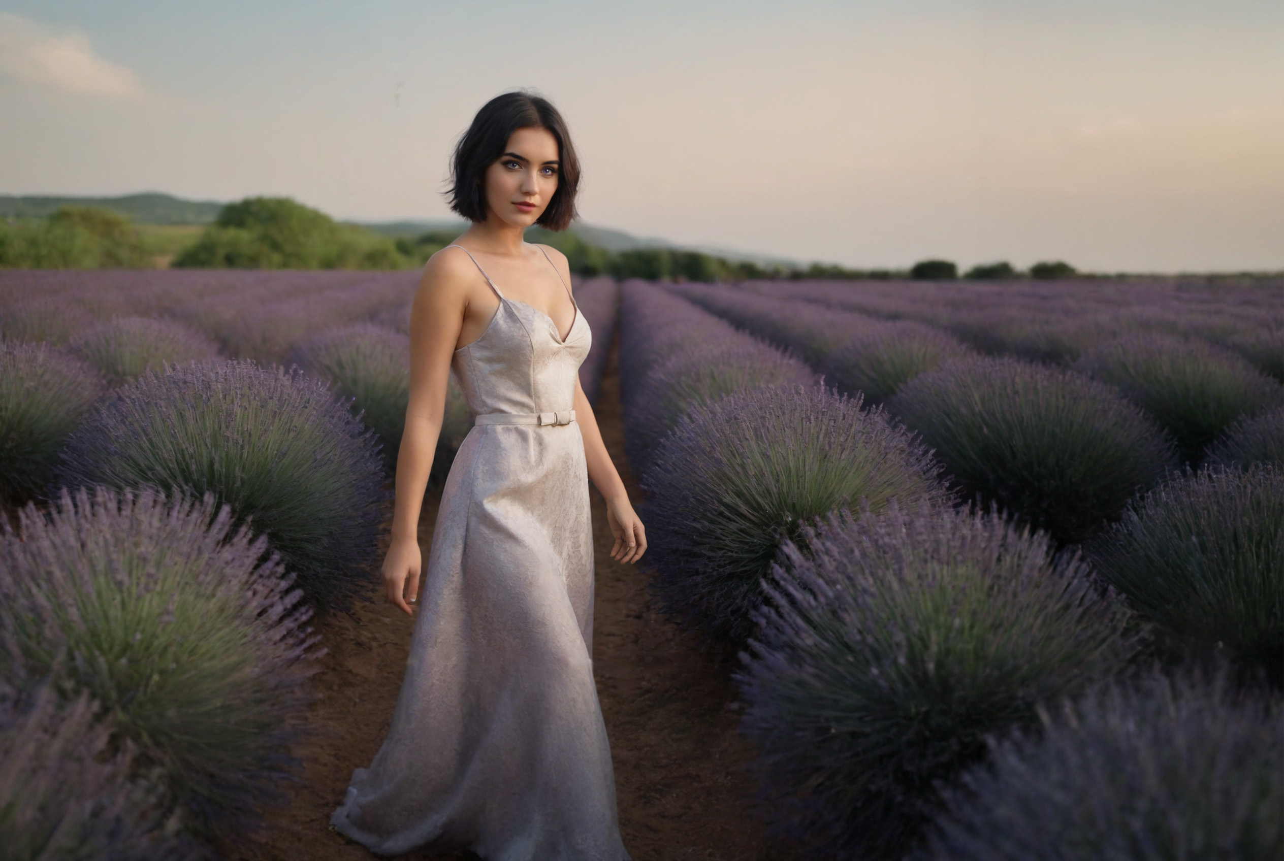 Eine junge Frau in einem silberfarbenden Kleid läuft durch ein Lavendelfeld.