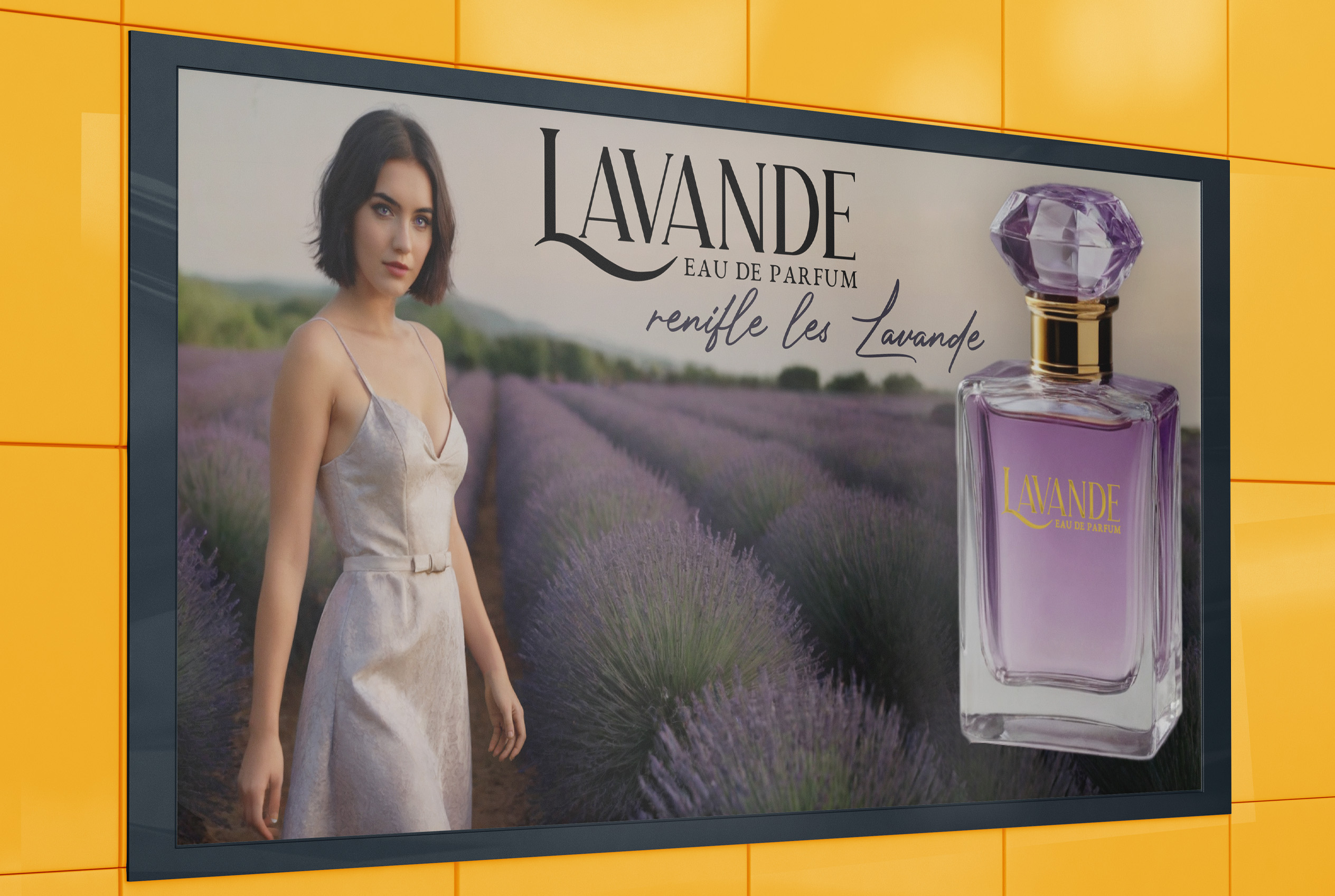 Plakat in einem unterirdischen Bahnhof. Auf dem Plakat ist Werbung für ein Lavendelparfum mit einer jungen Frau in einem Lavendelfeld zu sehen.