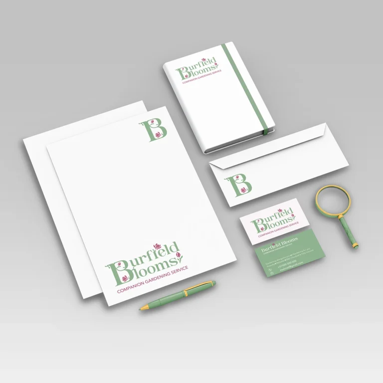 Briefpapier, Visitenkarten und Notizblock mit Gartenservice Branding