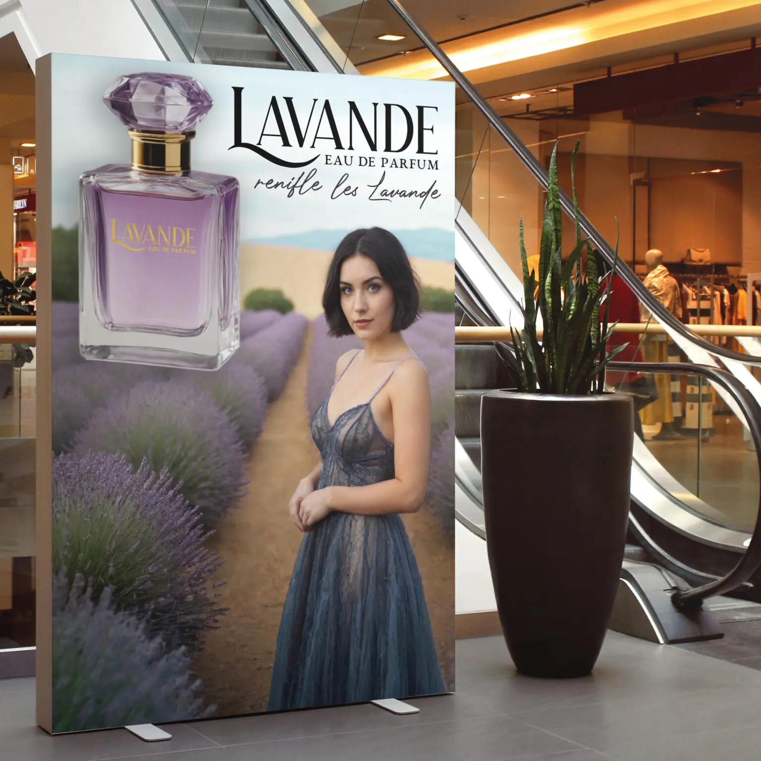 Ein Plakat mit einer Frau in einem Lavendelfeld. Im Oberen Bildrand ist eine Flasche mit Lavendelparfum.