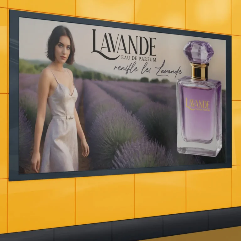 Ein Plakat mit einer Frau in einem Lavendelfeld. Im Oberen Bildrand ist eine Flasche mit Lavendelparfum.
