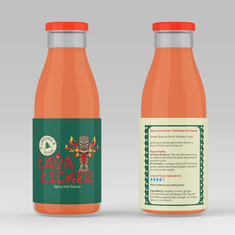 Eine Flasche mit Chilisauce, von vorne und von Hinten.