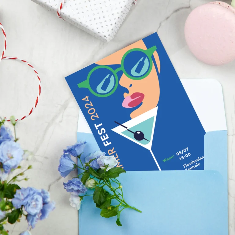 Eine Einladungskarte mit einem Illustrierten Frauengesicht und einem Martini Glas