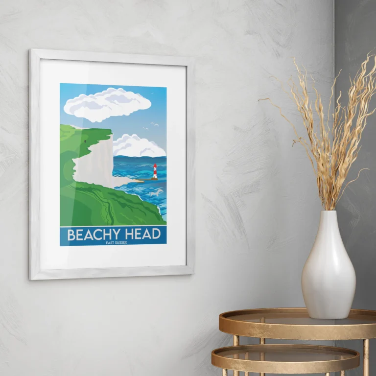 Ein illustriertes Reiseposter von Beachy Head an einer Wand