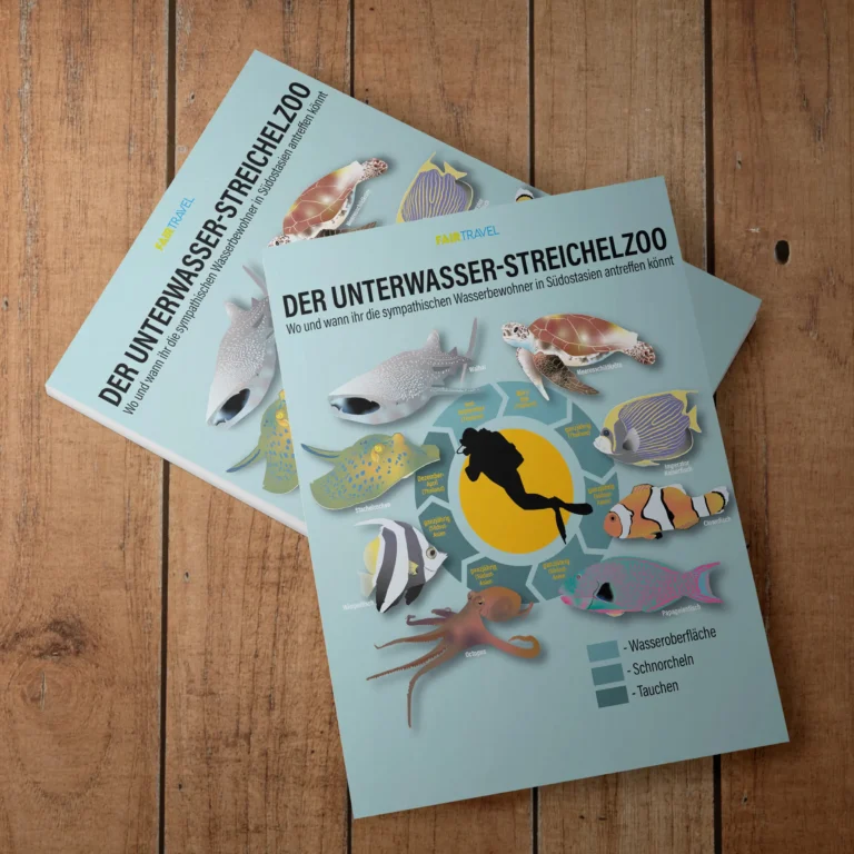 eine Infografik zum Thema Wasserbewohner in Südostasien. In der Mitte ist ein Taucher. Er ist umgeben von kleinen und großen Fischarten. Alles ist illustriert.