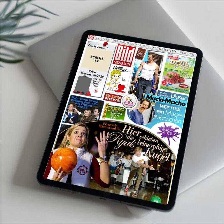 Hände halten ein Tablet. Auf dem Tablet sieht man eine Seite einer BILD Ipad Ausgabe mit Unterhaltungsthemen