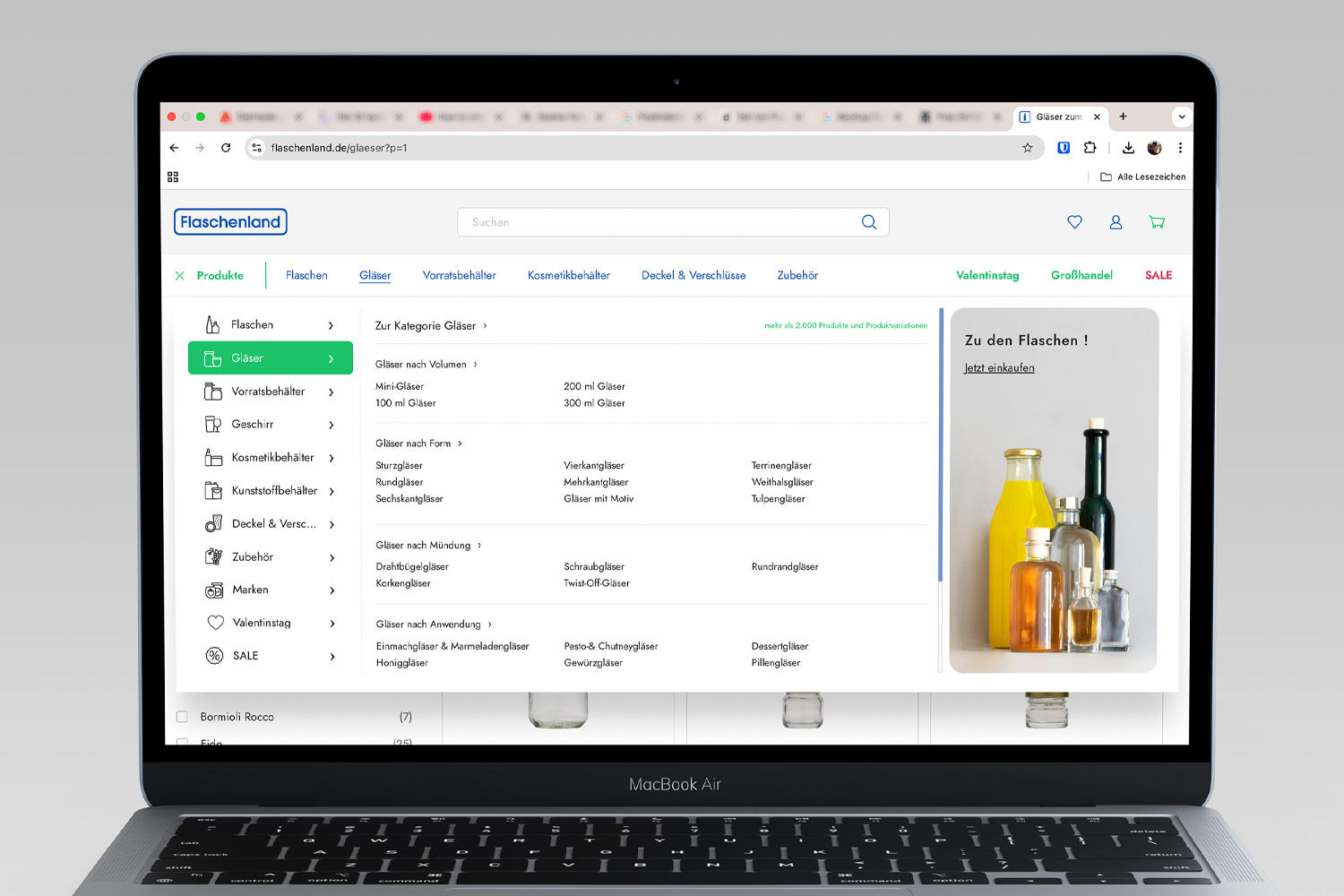 Screenshot Menü der Flaschenland Webseite von 2025