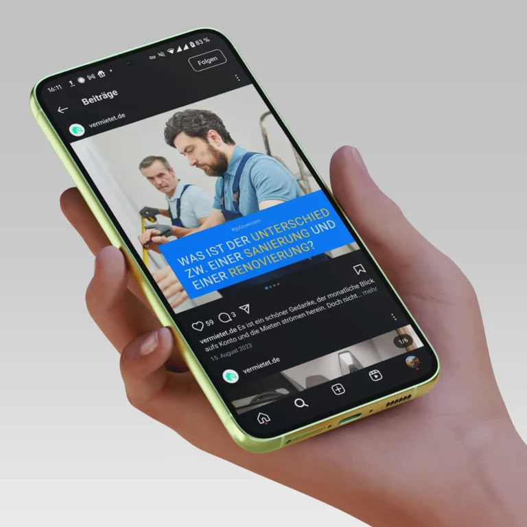 Ein Smartphone mit einem Social Media Beitrag, Es ist einem Foto von 2 Handwerkern.