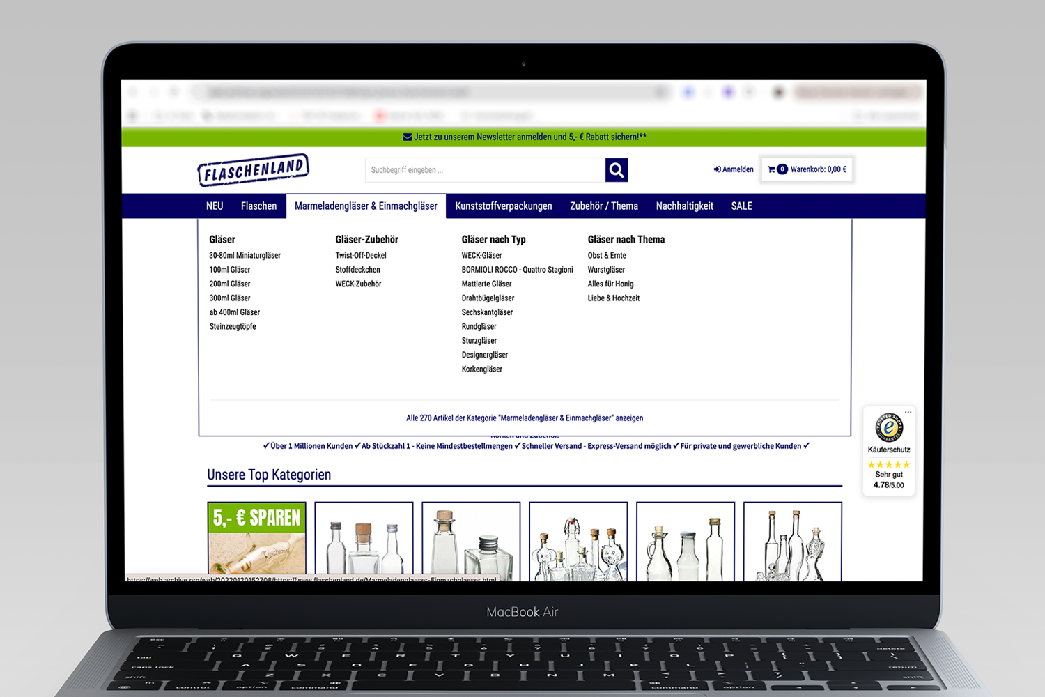 Screenshot Menü der Flaschenland Webseite von 2022