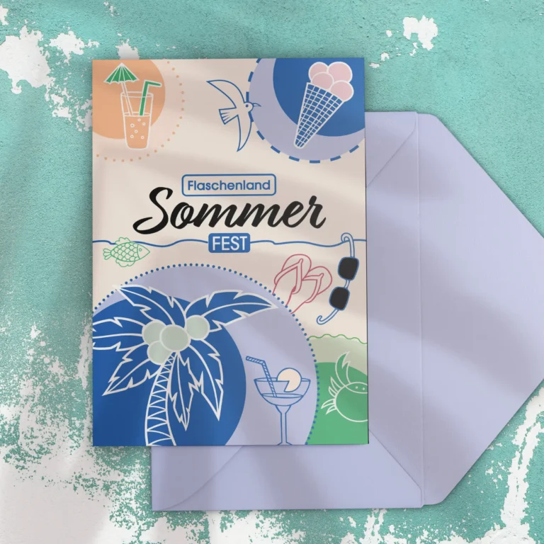 Eine Einladungskarte mit illustrierten Palmen, Eis, Sonnenbrille und Badelatschen, zu einem Sommerfest.